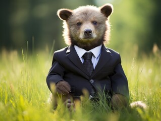 Canvas Print - A bear dressed in a suit sitting in a field. Generative AI.