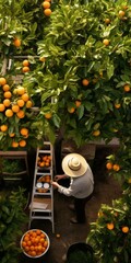 Canvas Print - A man is standing on a ladder to pick oranges. Generative AI.