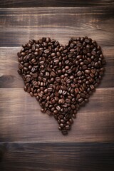 Wall Mural - Coffee beans in heart shape on wooden background. Generative AI.