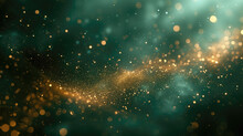 Abstract Background For Packaging Display. Is Reflective Green With Gold Glitter Scattered Throughout 