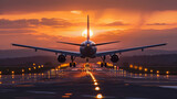 Fototapeta  - Jet airliner landing on runway with setting sun in the distance