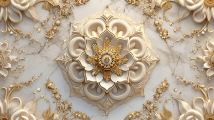 3D ceiling wall, white and gold marble background, elegant luxury home decorative, wedding background, mandala flower design