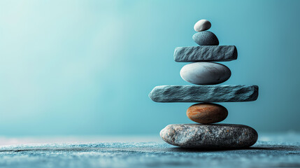 smooth stones stacked in many layers. concept for balance, harmony and peace. composed with copy spa