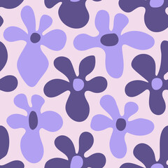 Minimal distorted flowers seamless pattern. Purple wavy chamomile background. Trendy retro aesthetic design. Floral funky repeat vector illustration for greeting card, wallpaper, fabric, textile