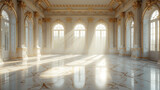 Modern interior of a living room with marble floor, windows and sunlight. Created with Ai