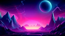 Retro Background With Checkered Earth And Purple Mountains With Colorful Sunset And Dark Blue Planet On Dark Pink Sky. Background For Video Or Song Cover.