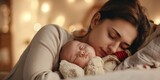 Fototapeta  - Sleeping, love and mother carry baby for bonding, relationship and child development together at home. Family, motherhood and happy mom with newborn for care, dreaming and affection in nursery room