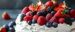 A delicious cake with whipped cream and fresh berries on top, made with natural foods and ingredients.