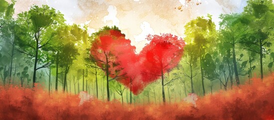 Wall Mural - Valentine's Day heart with a central spring forest panorama of trees.