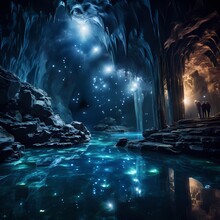 A Mysterious Cave With Bioluminescent Crystals, Casting An Enchanting Glow On Ancient Rock Formations And Subterranean Pools