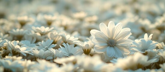 Canvas Print - A stunning landscape of white daisies with sunlit petals, surrounded by lush green grass and trees under a beautiful sky.