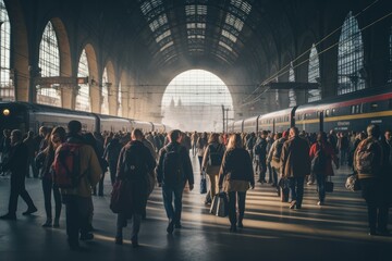 Sticker - Group of People Walking Through a Train Station, Railway station full of people during the rush hour, AI Generated