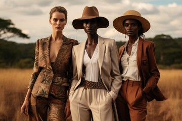 Wall Mural - Three women standing side by side, smiling and posing for a photo outdoors, Safari-inspired attire in a savanna setting, AI Generated