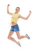 © CastingOnWhite/peopleimages.com - Excited, jump or portrait of girl teenager in studio for news, announcement or bonus prize. Energy, smile or happy model winner in celebration of fashion discount, success or sale on white background