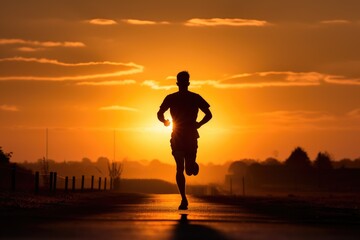 A captivating image of a mans silhouette against a vibrant sunset, as he runs with determination, Silhouette of a marathon runner at sunrise, AI Generated