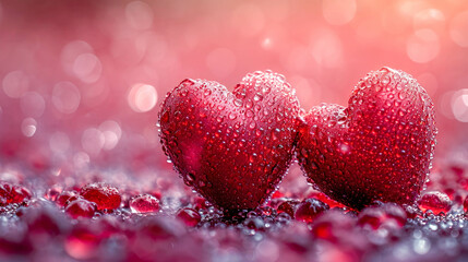 Poster - Valentines day background with red hearts on bokeh background