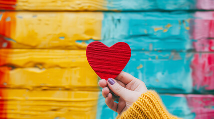 Wall Mural - A hand holding a red heart shaped valentine's day card, colorful background