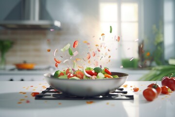 Wall Mural - Vegetables falling into frying pan.