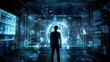 © vlntn - Back view silhouette of modern businessman interacting with futuristic touch screen panel. Cyberspace with lots of data. Digital hologram ui. Sci-fi blue background.
