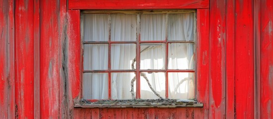 Poster - Dirty window with red corrugated iron beyond, adorned with a knotted white curtain.