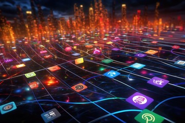 Fototapete - A computer screen showcasing a wide array of app icons designed for various purposes, Vibrant network of interconnected social media icons, AI Generated