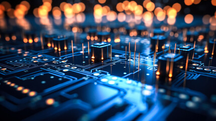 Poster - abstract futuristic circuit board, high-technology background with glowing lines and bokeh lights, c