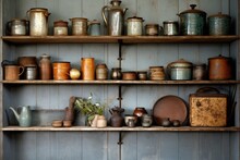 A Shelf Displaying A Wide Assortment Of Various Pots And Pans, Vintage Kitchenwares Displayed On Weathered Shelves, AI Generated
