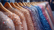 Clothes on hangers, Beautiful dresses with embroidery, beads and sequins hang on hangers in a luxury clothing store, Luxurious evening dresses, Ai generated image