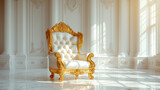 Fototapeta Tęcza - Royal chair in the room, The Throne Room with Gold royal  chair on a white background of light sky curtains. Place for the king. Throne, classic chair in the room , Ai generated image
