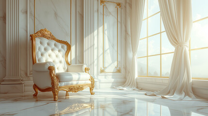 Wall Mural - Luxury apartment suite lounge, The Throne Room with Gold royal chair on a white background of light sky curtains. Place for the king. Throne, classic chair in the room , Ai generated image