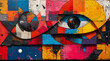 Colorful geometric street art with a pattern of shapes and abstract eyes on a wall