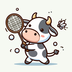 sport animal cute cow playing badminton with net racket vector illustration vector illustration