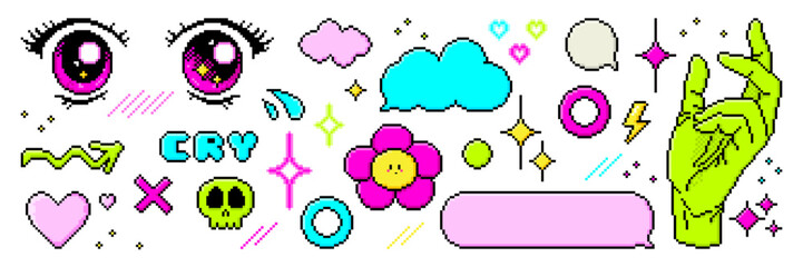 Fototapete - Set of trendy pixel art elements, including anime eyes, speech bubbles, stars, heart, hand and cloud shapes. Retro game style dialogue box and elements. Modern vector illustration.
