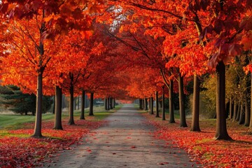 Wall Mural - Experience the beauty of autumn on a picturesque road enveloped with vibrant fall foliage, A beautiful maple tree avenue glowing fiery red in an autumn park, AI Generated