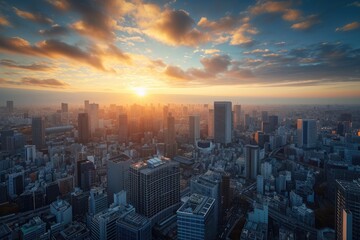 Sticker - The sun is sinking below the horizon, casting a warm, golden light on the sprawling metropolis, A bird's eye view of city skyscrapers during sunrise, AI Generated