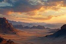 A Breathtaking View Of A Vast Desert With Towering Mountains In The Far Distance, A Blend Of Cool And Warm Hues Emulating A Desert At Sunset, AI Generated