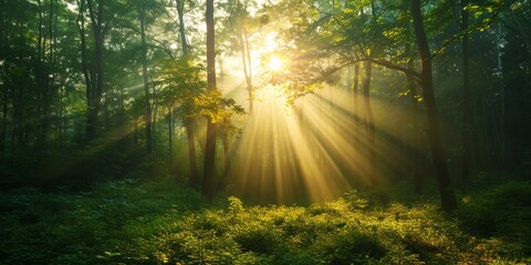 Spectacular morning sun light rays in the forest. Green forest during a beautiful summer warm day