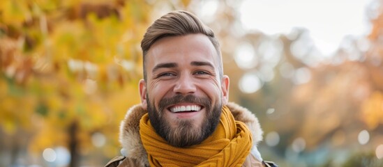 Wall Mural - The man's face, with facial hair and a beard, sports a smile while wearing a scarf around his neck, exuding happiness and fun. He stands amidst grass.