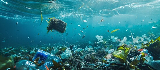Wall Mural - environmental issue of plastic pollution in the ocean with debris and garbage impacting marine life.