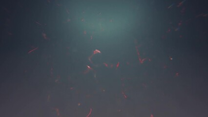 Poster - Abstract 3D animation of a red heart that bursts and splits into many small particles and droplets. The heart is in a fog. Valentine's Day.