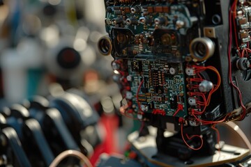 Poster - an up-close photo capturing the intricate details of a machine adorned with multiple interconnected 