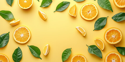 Wall Mural - Top view flat lay seamless pattern with oranges slice and green leaf on yellow background