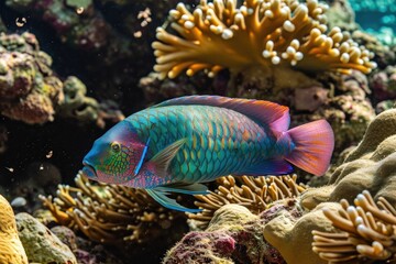  A brightly colored fish effortlessly navigates through the crystal clear water, A vividly coloured Parrotfish sneakily nibbling on some reef, AI Generated