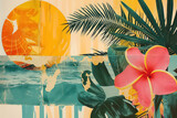 Fototapeta  - Retro tropical beach with collage art abstract background. Generative ai.