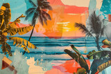 Fototapeta Morze - Retro tropical beach with collage art abstract background. Generative ai.