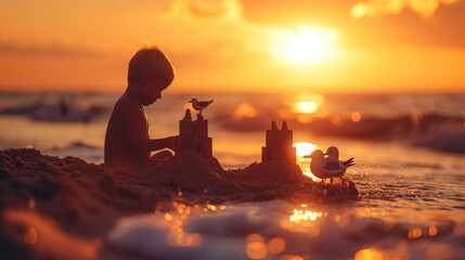 Wall Mural - A child builds a sandcastle on the beach at sunset. little birds sit next to him