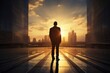 © trustmastertx - Businessman with sunset in the middle of the city.