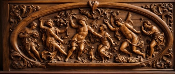 Canvas Print - Rustic wooden with intricate carvings, Renaissance style.