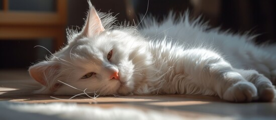 Sticker - A white Felidae, a carnivore, is comfortably lounging on the sunlit floor, with its small to medium-sized body covered in fur and whiskers twitching from its snout, while paws are stretched out.