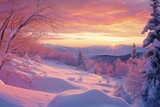 Fototapeta Most - A photo of a winter scene showing a snowy landscape with tall trees and majestic mountains in the background, A winter sunset painting the snowy landscape with hues of pink and orange, AI Generated